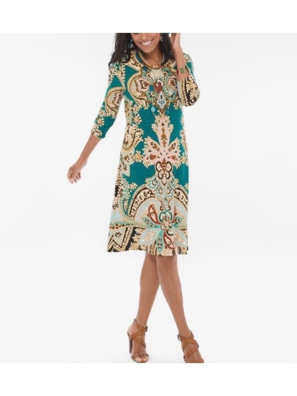 Chico's Country Fleur-Print A-Line Tapestry Teal Dress Sz 2 (12-14) EUC